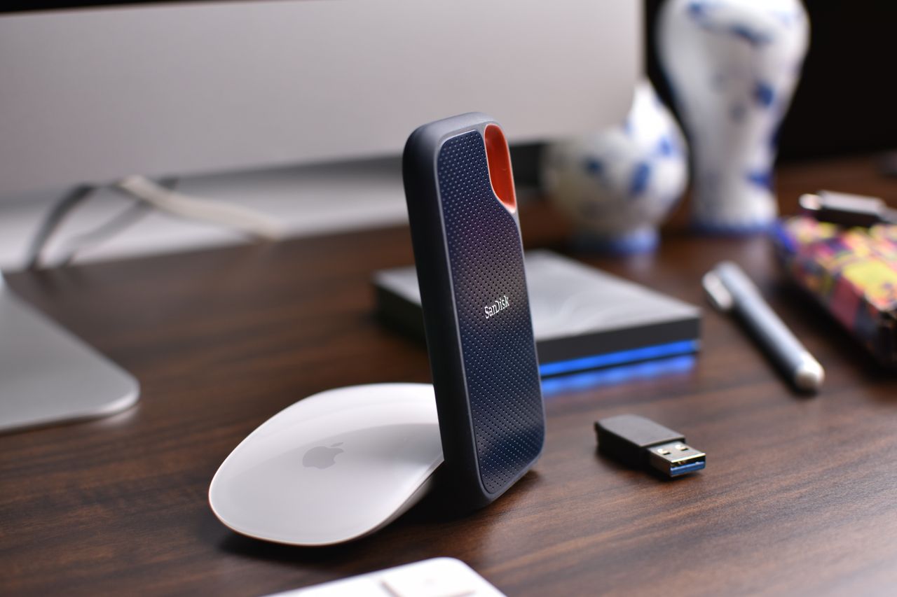 External storage and accessories at a computer