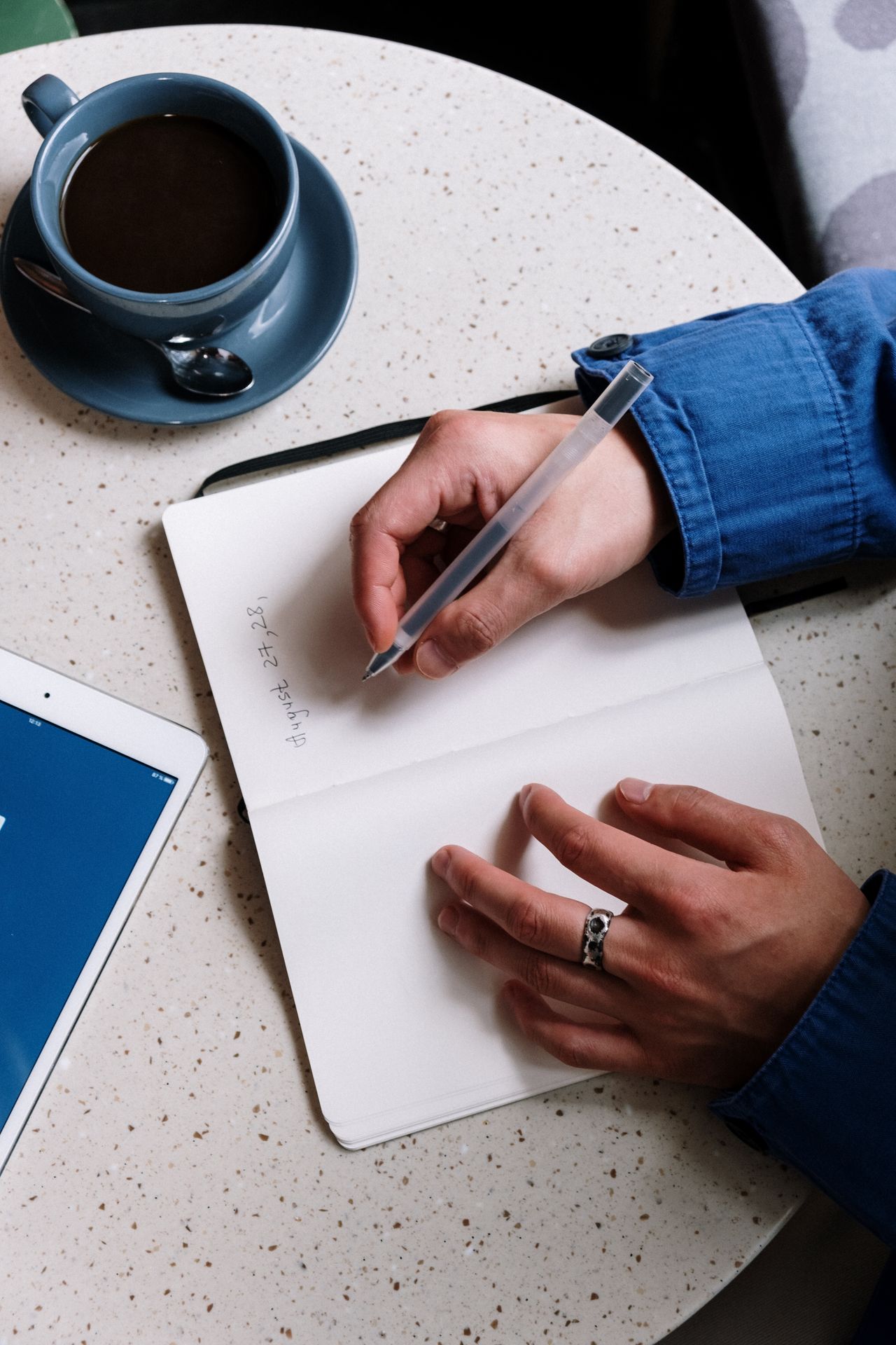 Notes on paper beside a tablet